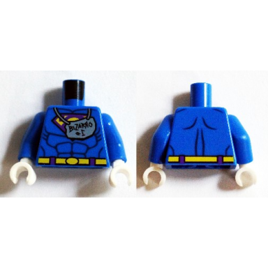 blue torso muscles outline with bizarro symbol and bizarro 1 sign hanging from neck pattern blue arms white hands