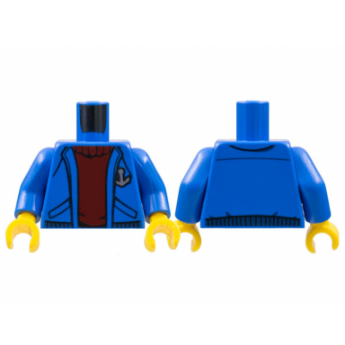blue torso jacket with pockets over dark red sweater anchor logo pattern blue arms yellow hands