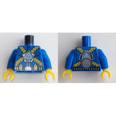 blue torso ultra agents villain with electricity danger sign yellow ribbed hoses yellow batteries on belt pattern blue arms yellow hands