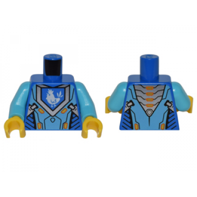blue torso nexo knights armor with orange and gold circuitry and blue emblem with white chicken pattern medium azure arms yellow hands