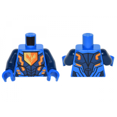 blue torso nexo knights armor with orange and gold circuitry and falcon on pentagonal shield pattern dark blue arms blue hands