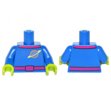 blue torso space uniform with orange and yellow ringed planet logo magenta belt magenta collar pattern blue arms lime hands