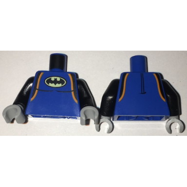 blue torso batman wetsuit with black and orange trim batman logo pattern black arms light bluish gray hands