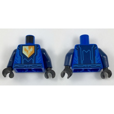 blue torso nexo knights armor with blue circuitry dark blue center panel falcon symbol on pentagonal shield pattern dark blue arms black hands