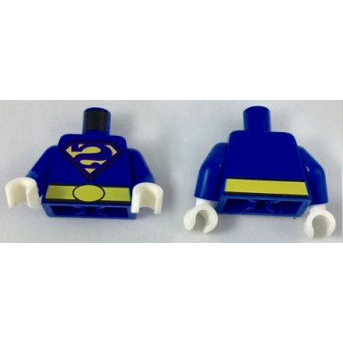 blue torso shirt with dark purple bizarro backward s logo and wide yellow belt pattern blue arms white hands