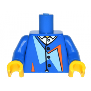 blue torso jacket with dark blue buttons bright light blue and orange geometric shapes over white shirt with collar pattern blue arms yellow hands