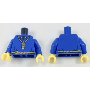 blue torso robe with gold usb flash drive on necklace with m and dark tan rope belt pattern blue arms yellow hands