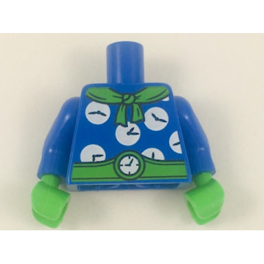 blue torso batman bright green scarf and belt white clocks pattern blue arms with white clocks pattern bright green hands