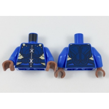 blue torso super hero dark blue armor tan straps silver zipper and clasps pattern killmonger blue arms reddish brown hands