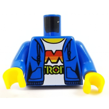 blue torso female hoodie with laces and pockets over white shirt with m:tron logo pattern blue arms yellow hands