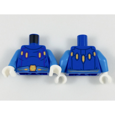 blue torso nexo knights with orange and yellow crystals dark azure belt with crowned lion hexagon buckle pattern dark azure arms white hands