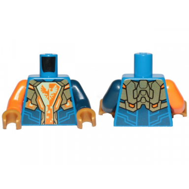 blue torso nexo knights armor white and orange emblem with falcon pattern dark blue arm left orange arm right pearl gold hands