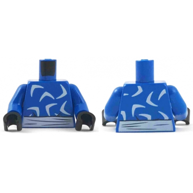 blue torso with white sash and boomerangs pattern blue arms black hands