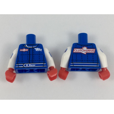 blue torso racing jacket with rr and clutch drive logos pattern white arms with red stripe and grand brix pattern red hands