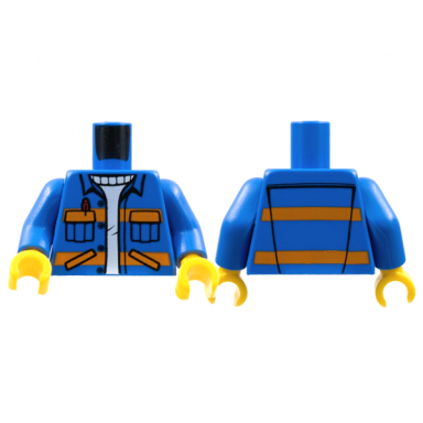 blue torso city jacket with diagonal lower pockets pen over creased sweater orange stripes pattern printing on back blue arms yellow hands