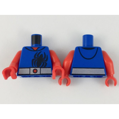 blue torso hoodie with large black spider over red shirt wide silver belt simple with dot on buckle pattern red arms red hands