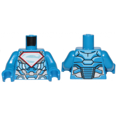 blue torso armor with silver superman s logo with red border pattern blue arms blue hands