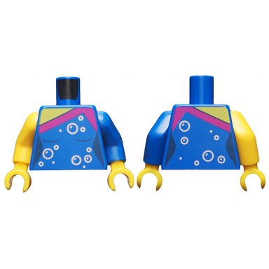 blue torso female top magenta trim silver bubbles pattern blue arm left with silver bubbles pattern yellow arm right yellow hands