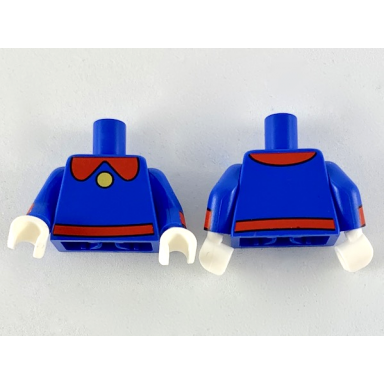 blue torso red collar and belt with gold button pattern blue arms with red cuff pattern white hands