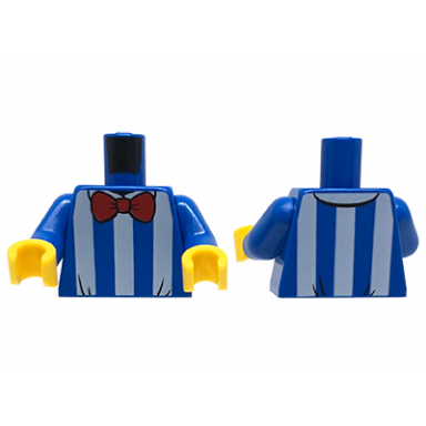 blue torso shirt with white vertical stripes red bow tie pattern blue arms yellow hands