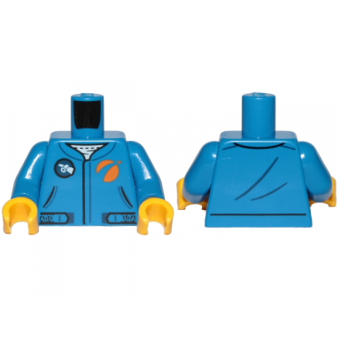 blue torso jumpsuit with black outlined belt and white satellite logo pattern blue arms yellow hands
