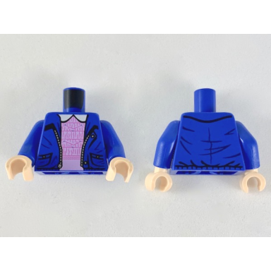 blue torso jacket over bright pink dress with white collar and dark pink detail pattern blue arms light nougat hands