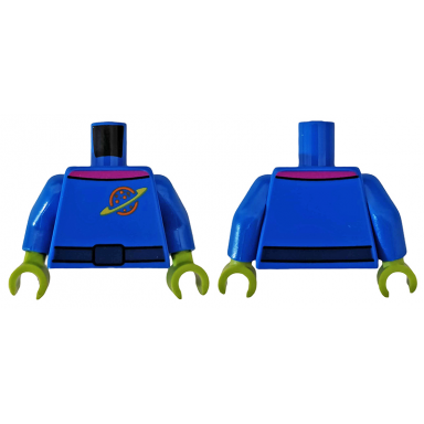 blue torso space uniform with orange and yellow ringed planet logo dark blue belt magenta collar pattern blue arms lime hands