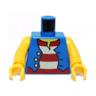 blue torso pirate vest open with gold buttons over shirt with red and white horizontal stripes yellow neck no back print pattern bam yellow arms yellow hands
