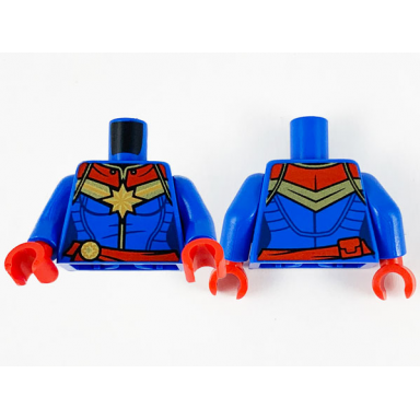 blue torso female outline with gold 8 point star and wide stripes dark red collar and belt pattern blue arms red hands