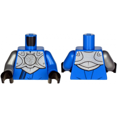 blue torso armor silver plate with curly lines over robe and dark blue strap pattern blue arm left flat silver arm right black hands