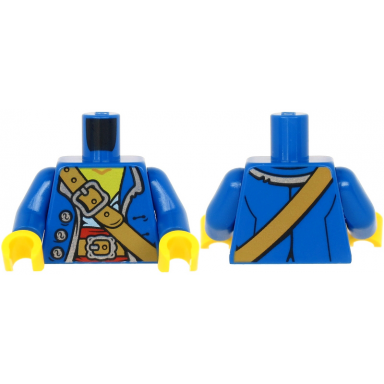 blue torso pirate coat open with silver buttons and trim over white shirt and red sash medium nougat belts with buckles yellow neck pattern blue arms yellow hands