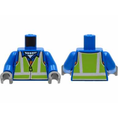 blue torso safety vest with silver and lime reflective stripes over jacket with orange stripe pattern blue arms dark bluish gray hands