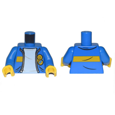 blue torso jacket with gold zipper yellow stripe smiley face and lightning bolt buttons over white shirt pattern blue arms yellow hands