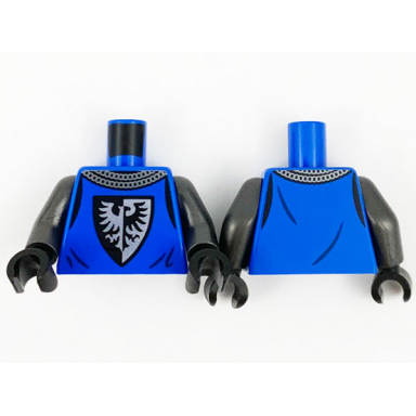 blue torso castle surcoat silver chain mail collar black falcon with spread wings shield emblem pattern pearl dark gray arms black hands