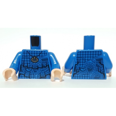 blue torso shirt layered frills metallic silver pendant geometric pattern blue arms light nougat hands