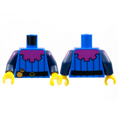 blue torso magenta mantle 5 dark blue pinstripes black belt with pouch pattern dark blue arms with magenta shoulder stripes pattern yellow hands