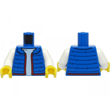 blue torso open vest with red trim over white shirt pattern white arms yellow hands