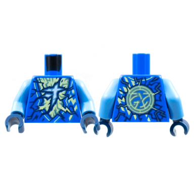 blue torso tunic yellowish green and shiny blue energy ninjago logogram letter j pattern medium blue arms dark blue hands