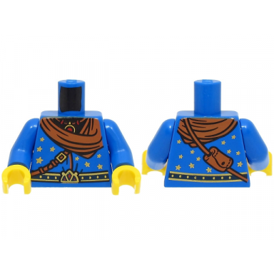 blue torso wizard robe with gold and dark blue belt stars dark orange bandana and shoulder bag necklace pattern bam blue arms yellow hands