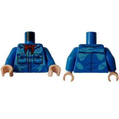 blue torso shirt with 2 pockets red bandana and bright light blue water stains pattern blue arms light nougat hands