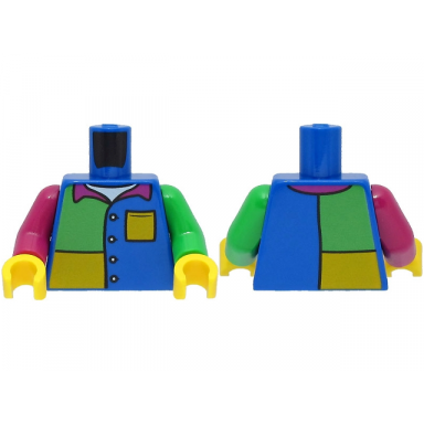 blue torso jacket over white shirt magenta collar bright light orange and bright green panels pattern bright green arm left magenta arm right yellow hands