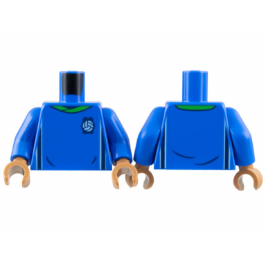 blue torso soccer uniform bright green collar white and dark blue side stripes soccer ball on brick logo pattern blue arms medium nougat hands