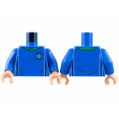 blue torso soccer uniform bright green collar white and dark blue side stripes soccer ball on brick logo pattern blue arms nougat hands