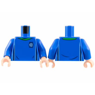 blue torso soccer uniform bright green collar white and dark blue side stripes soccer ball on brick logo pattern blue arms light nougat hands