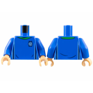 blue torso soccer uniform bright green collar white and dark blue side stripes soccer ball on brick logo pattern blue arms medium tan hands
