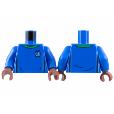 blue torso soccer uniform bright green collar white and dark blue side stripes soccer ball on brick logo pattern blue arms reddish brown hands