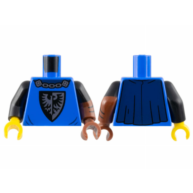 blue torso castle black falcon with silver chain dark blue cape pattern reddish brown arm left with black short sleeve and chevrons pattern black arm right reddish brown hand left yellow hand right