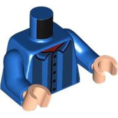 blue torso shirt with dark blue vertical stripes and black buttons over dark red undershirt pattern blue arms light nougat hands