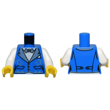 blue torso vest with pockets metallic light blue wide lapels and filigree over white striped shirt bow tie pattern white arms yellow hands