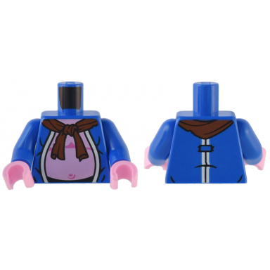blue torso robe open with white trim reddish brown scarf and bright pink stomach pattern blue arms bright pink hands